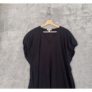 COS Oversized Ruched-Sleeve V-Neck Midi Dress - Navy Blue Women's Size Medium